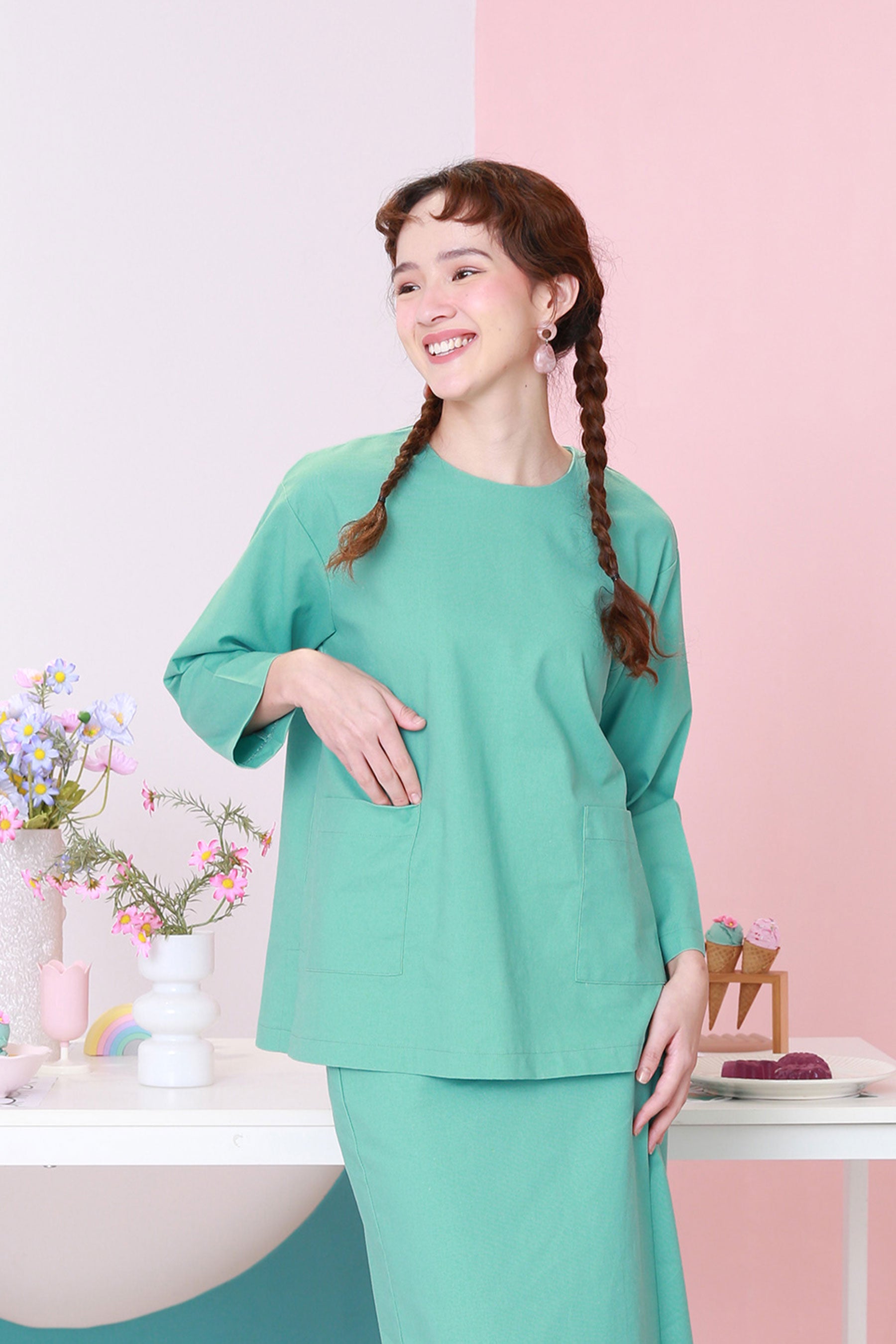 baju raya family sedondon adult women pair pockets boxy blouse top tiffany