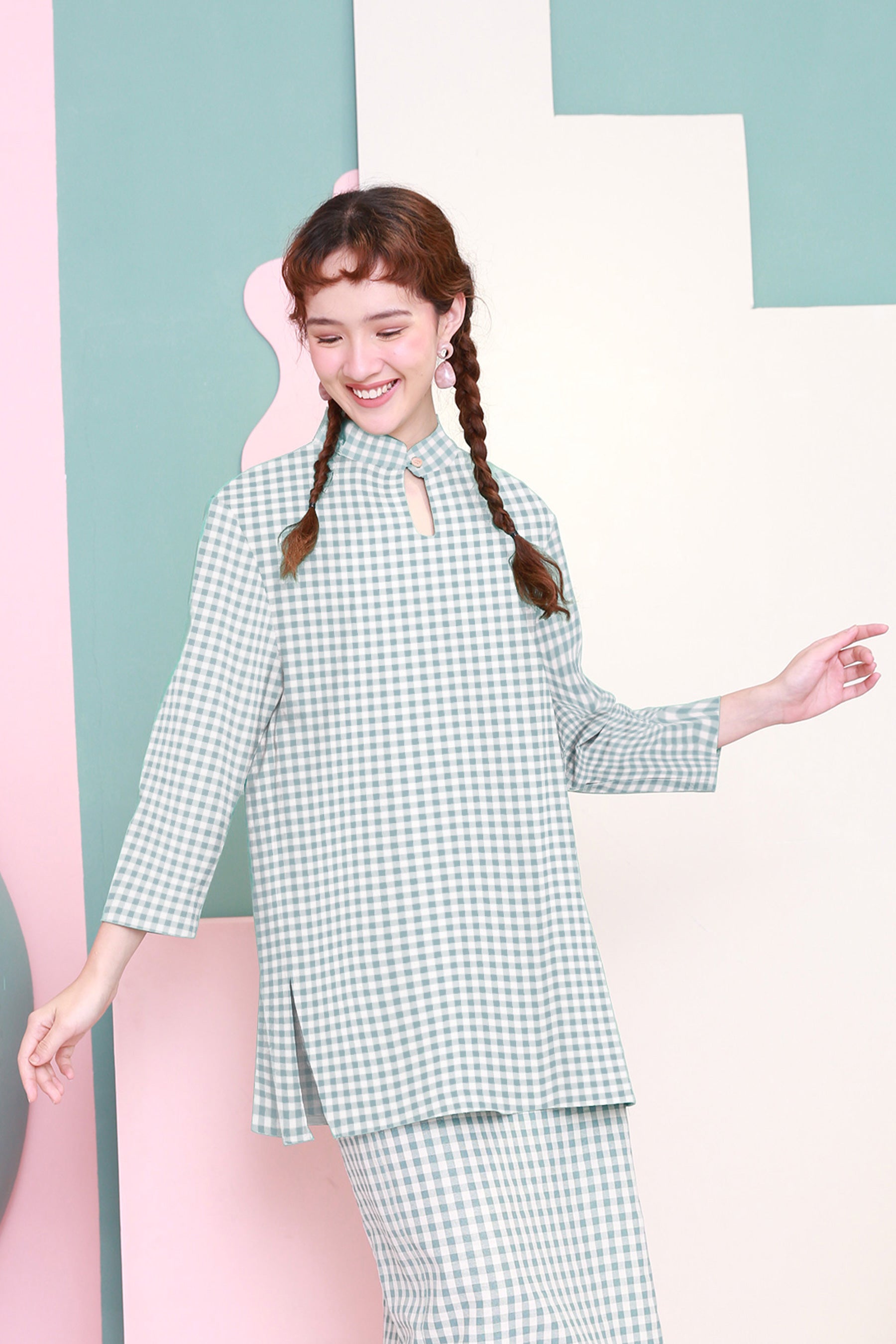 The Nikmat Collection Women Mandarin Collar Kurung Blouse Checked Tiffany