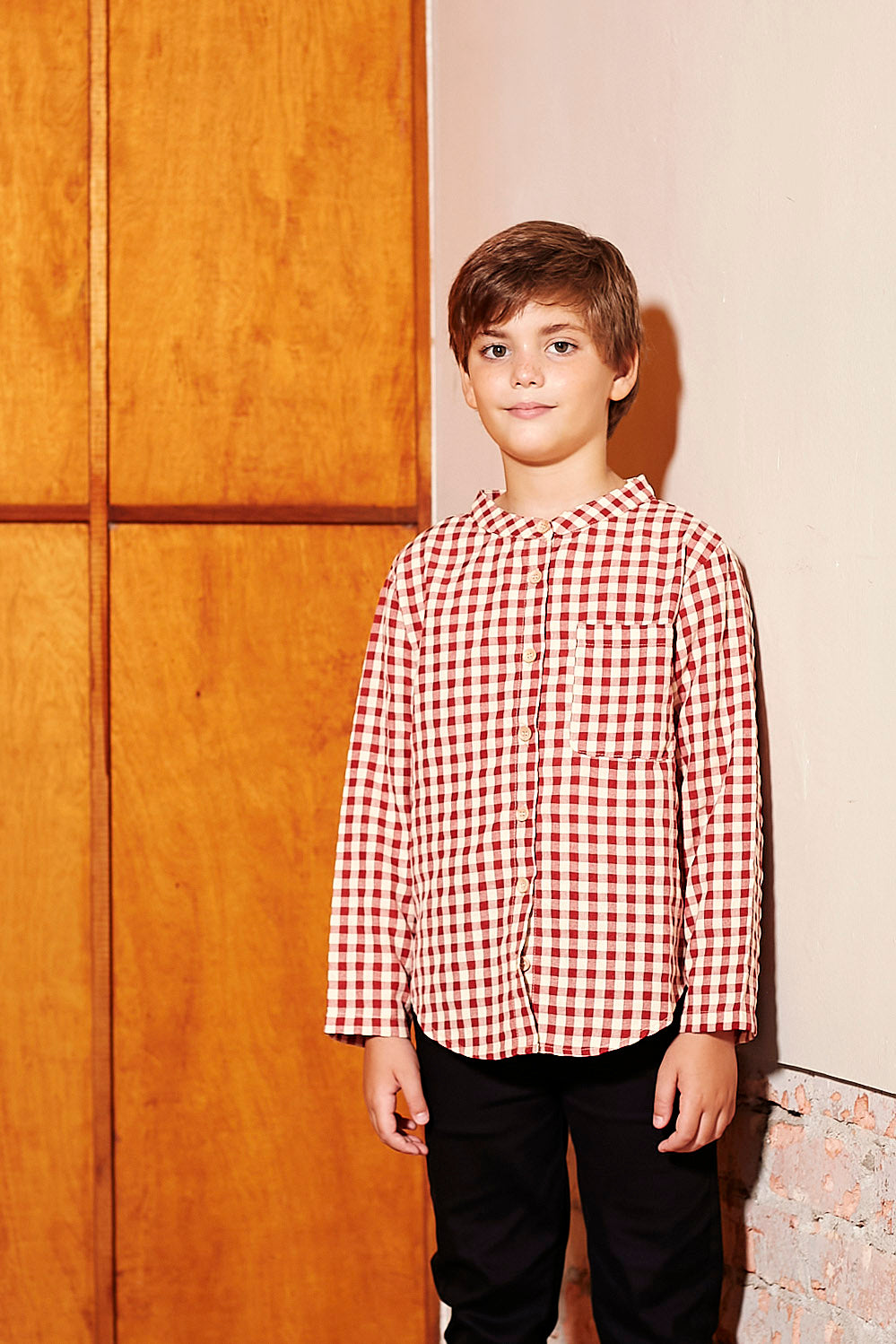 baju raya family sedondon kids boy button shirt checked red 