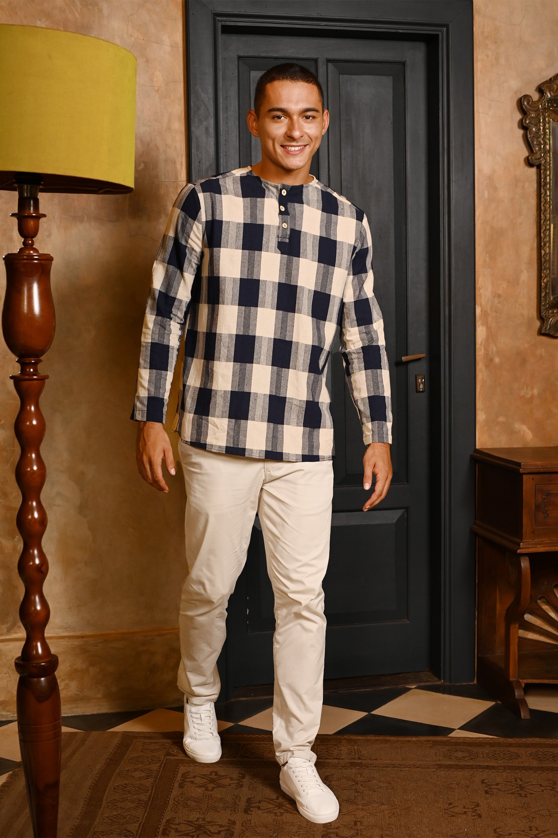 The Nusantara Collection Men Long Sleeve Kurta Checked Navy