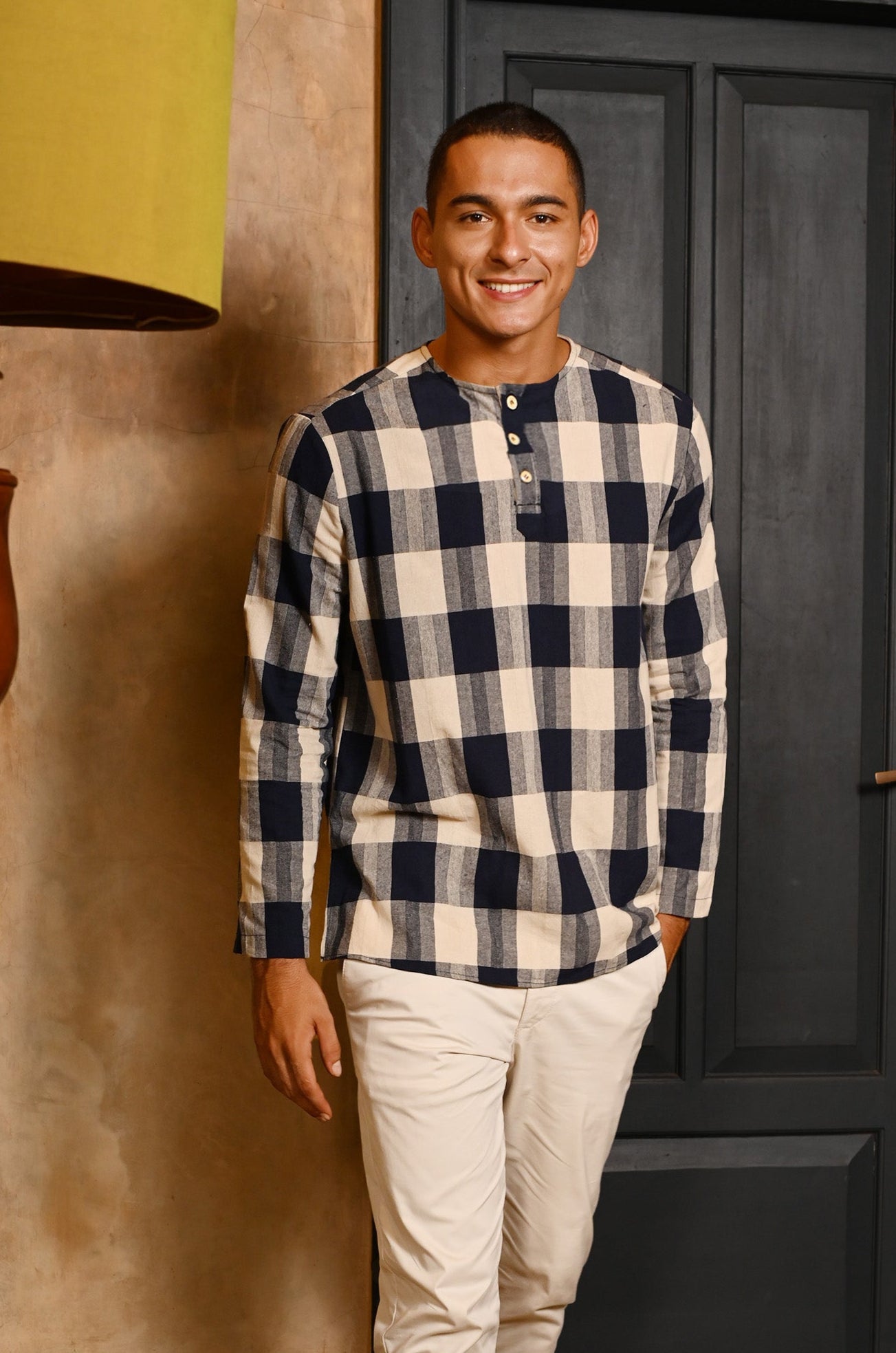 The Nusantara Collection Men Long Sleeve Kurta Checked Navy