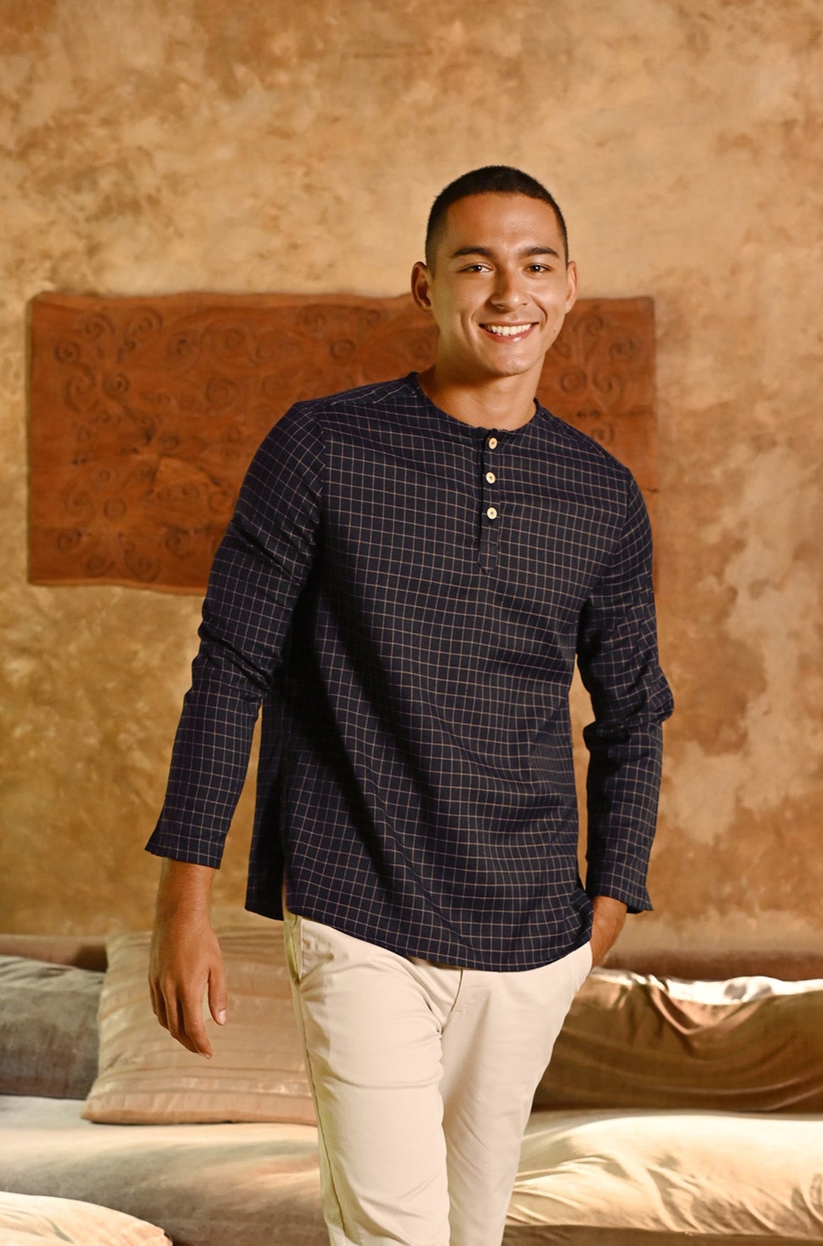 The Nusantara Collection Men Long Sleeve Kurta Checked Navy Mustard