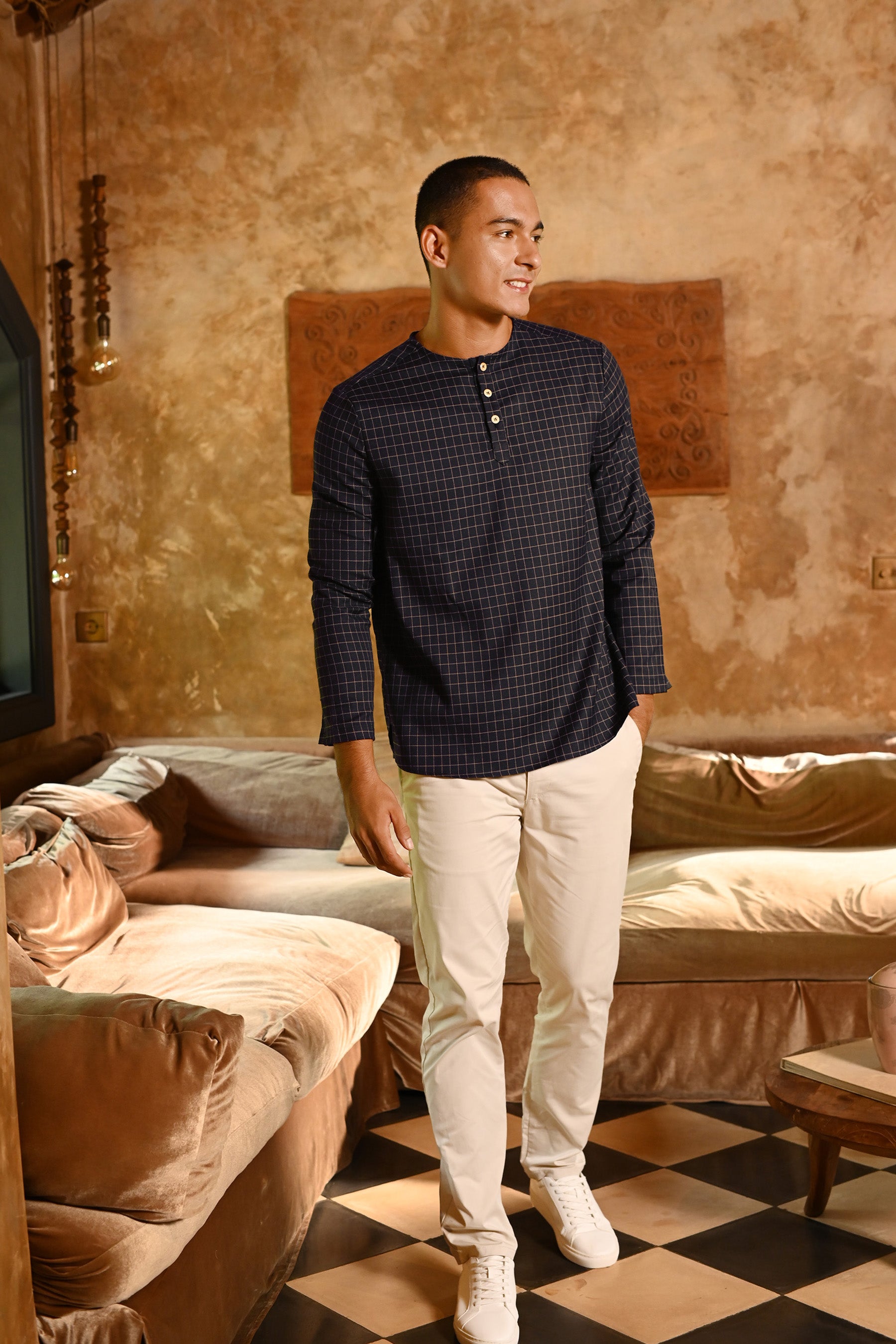 The Nusantara Collection Men Long Sleeve Kurta Checked Navy Mustard