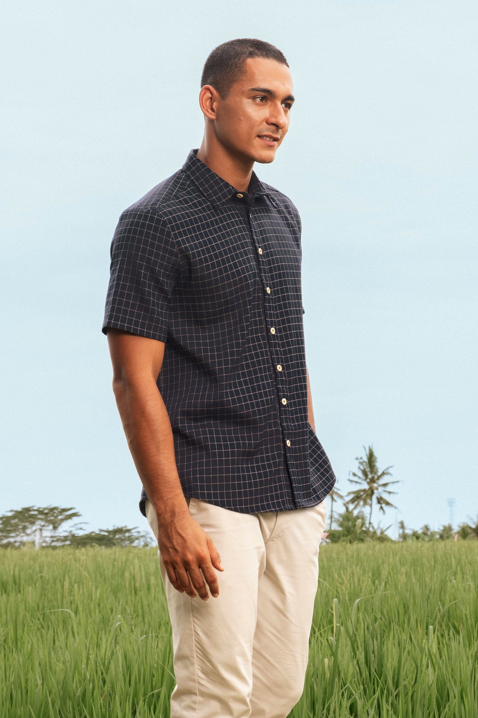 The Nusantara Collection Men Men Holiday Shirt Checked Navy Mustard