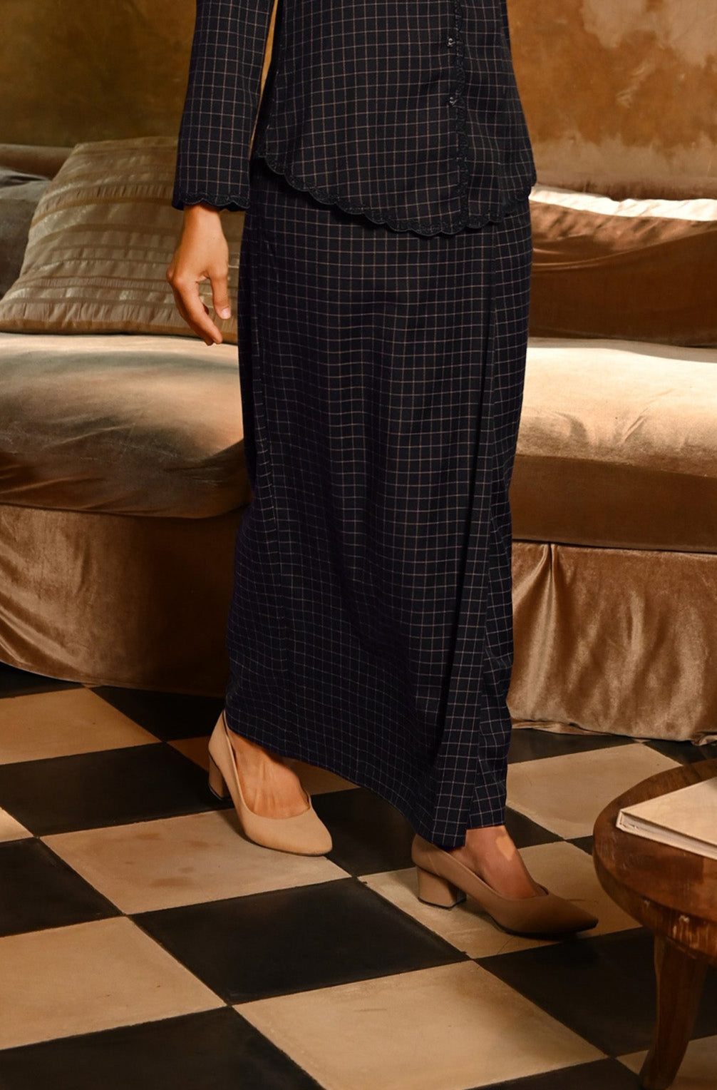 The Nusantara Collection Women Classic Skirt Checked Navy Mustard