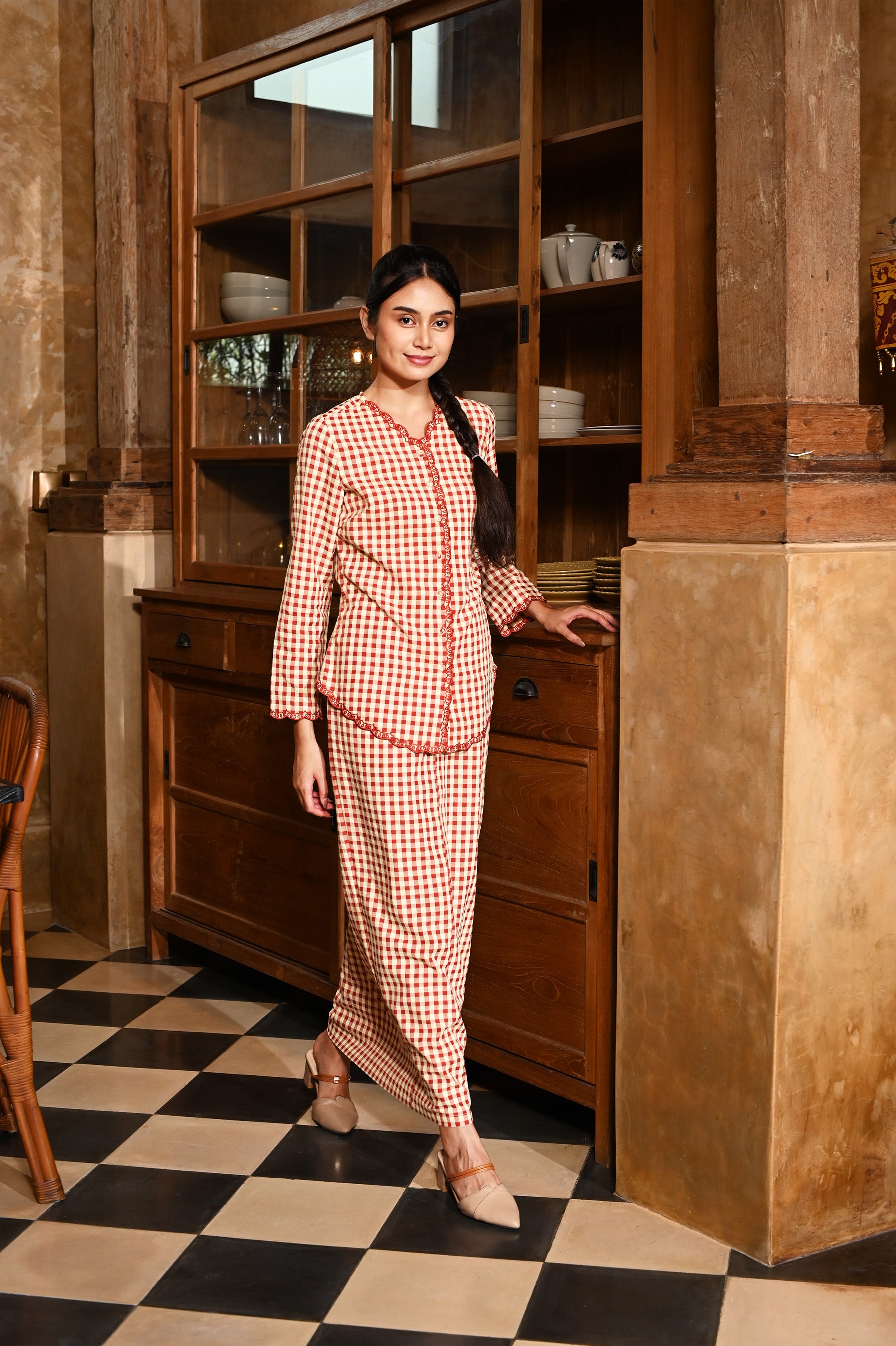 The Nusantara Collection Women Kebaya Top with Embroidery Checked Red