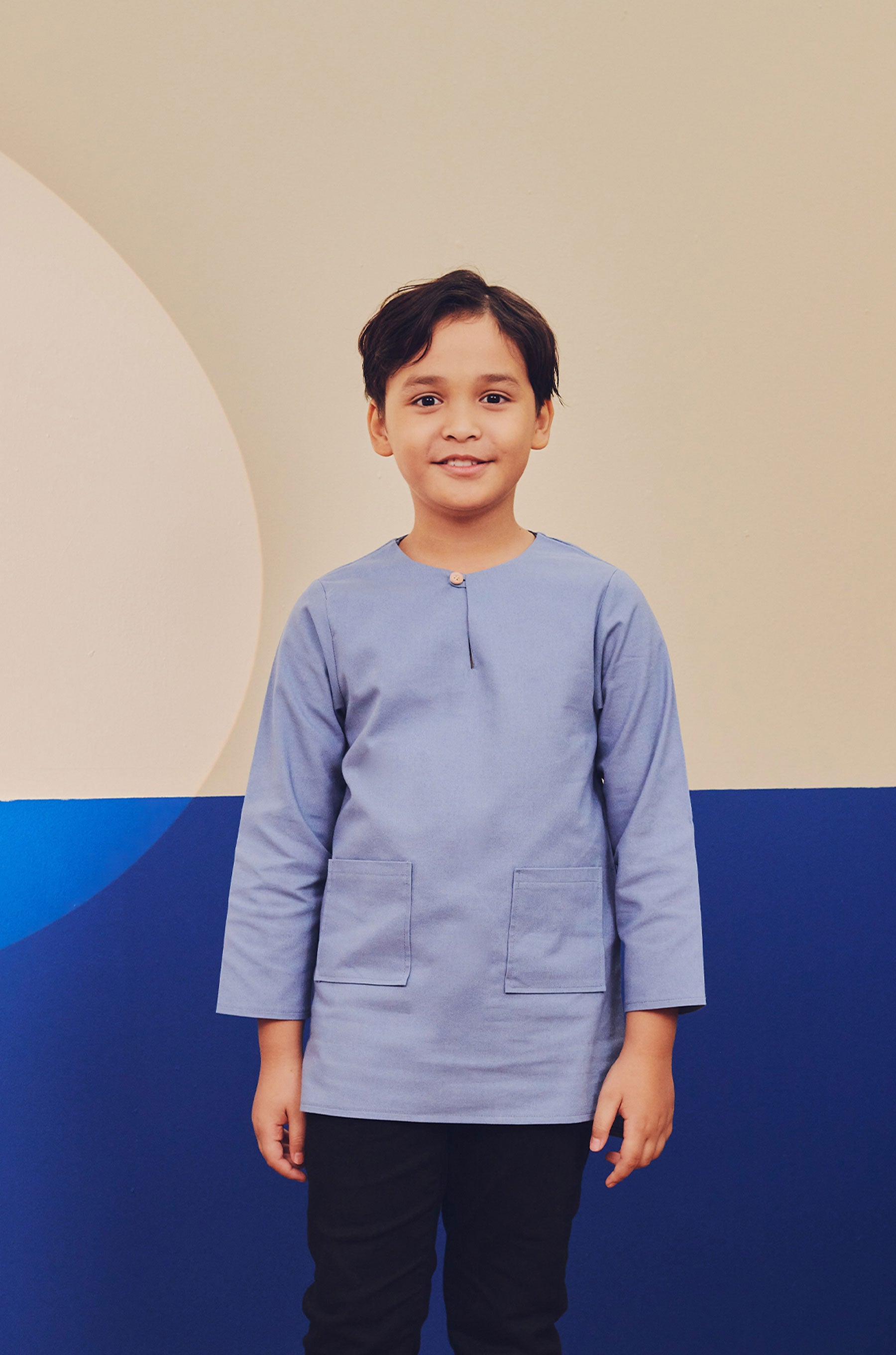 baju raya family sedondon kids boy kurta top slim fit teluk belanga pigeon blue