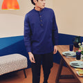 cotton linen men top button collar shirt long sleeve button 