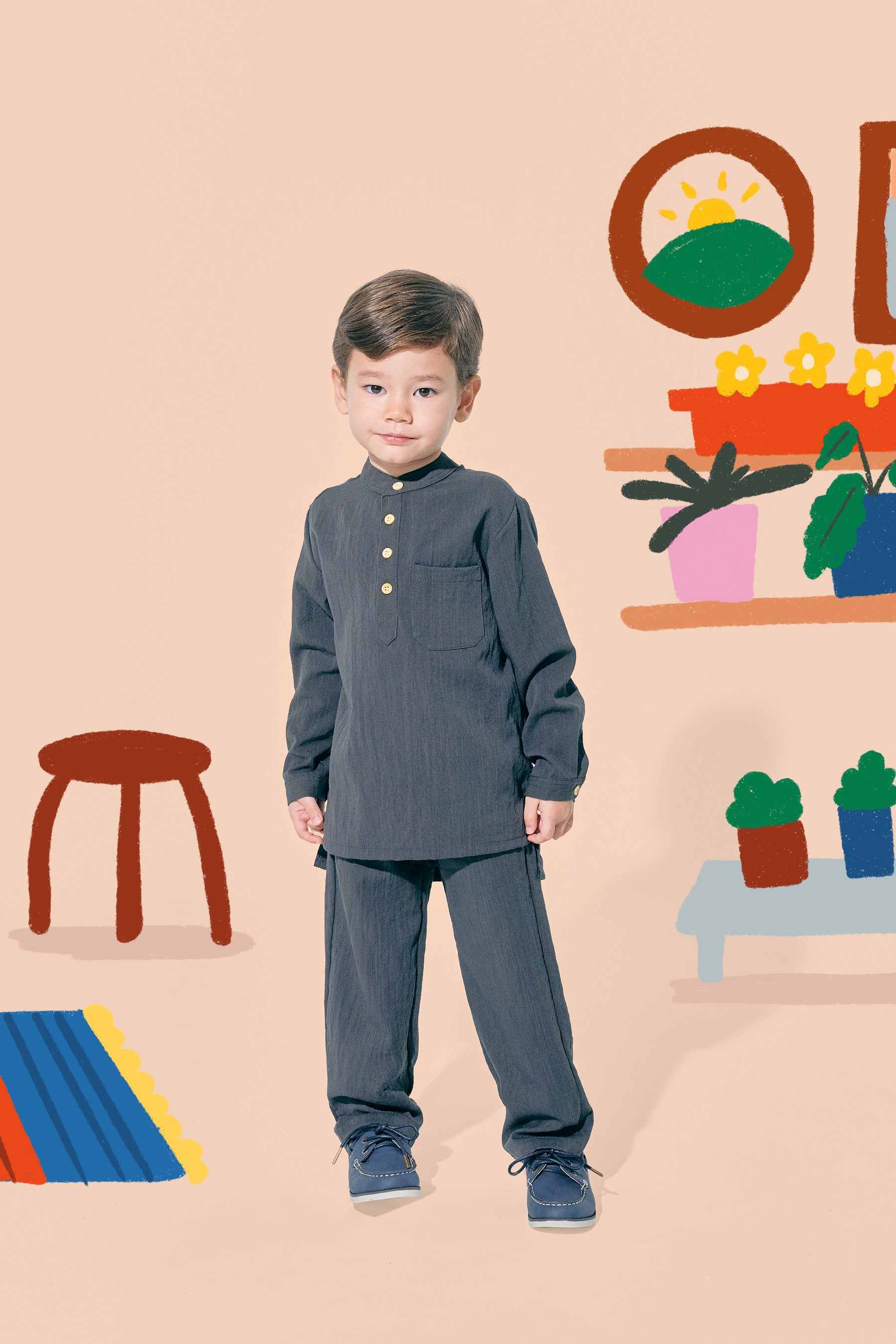 baju raya family sedondon kids boy baju melayu set dark grey 