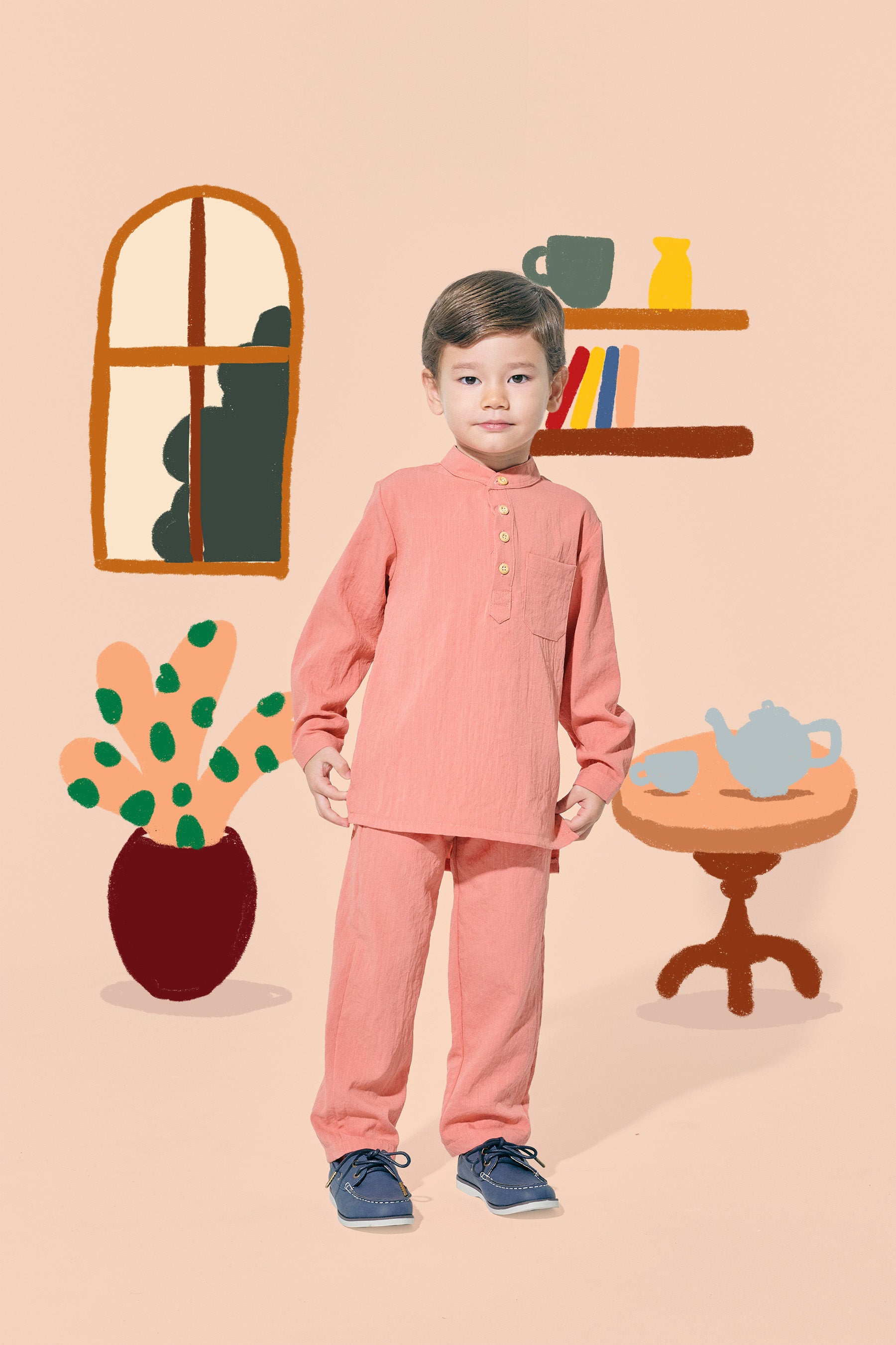 baju raya family sedondon kids boy baju melayu set salmon