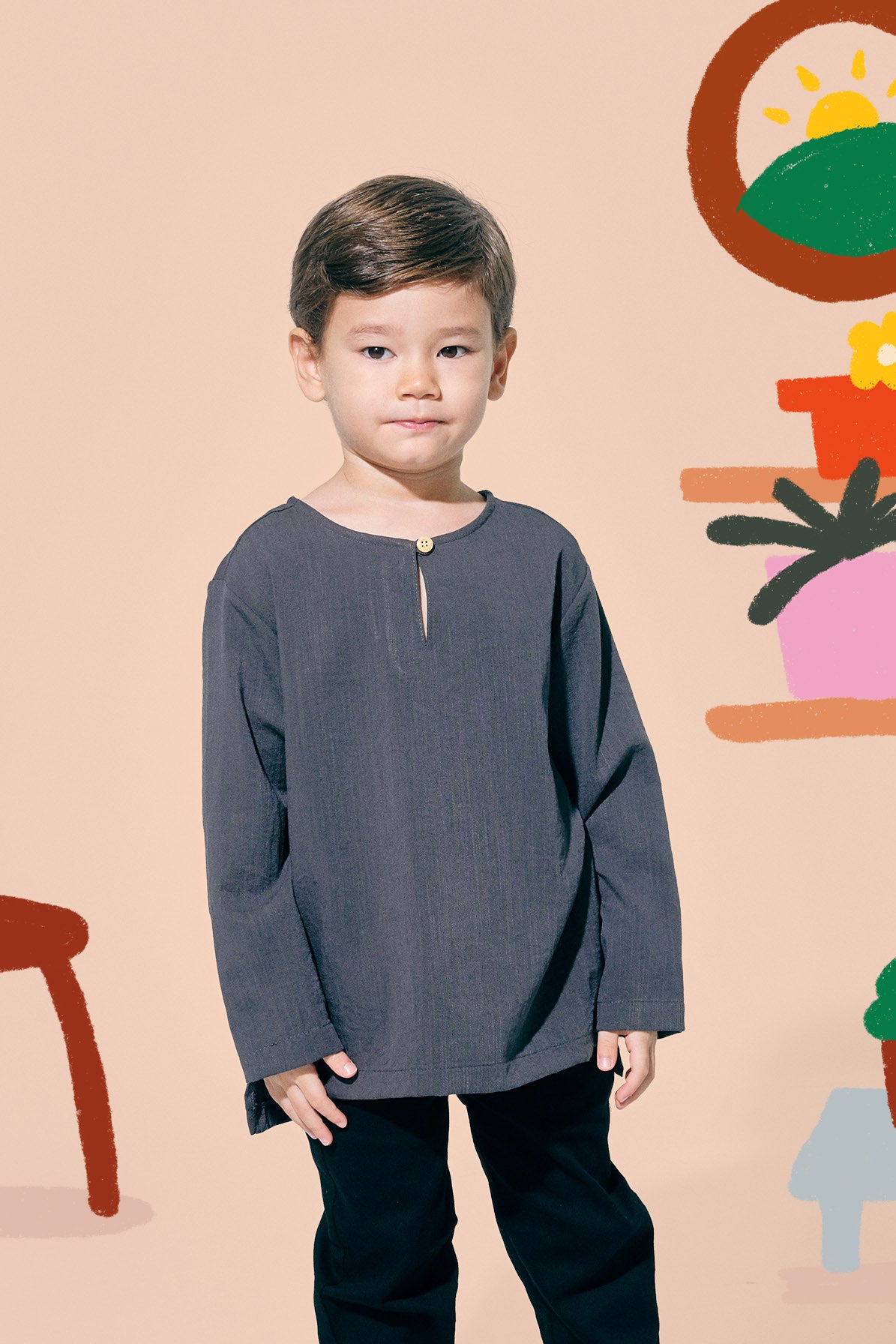 baju raya family sedondon kids boys teluk belanga kurta top dark grey 