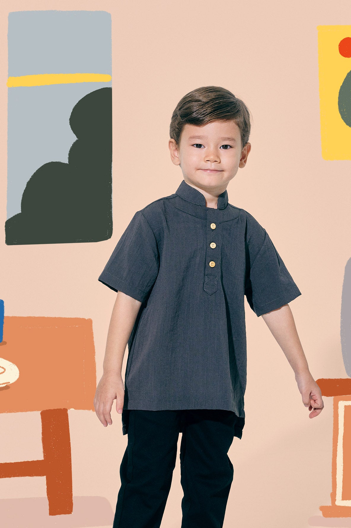 baju raya family sedondon kids boy short sleeves shirt dark grey 