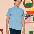 baju raya family sedondon adult men top button short sleeves shirt blue