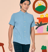 baju raya family sedondon adult men top button short sleeves shirt blue