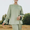 baju raya family sedondon adult woman satin top ruffles sleeves blouse matcha green