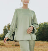 baju raya family sedondon adult woman satin top ruffles sleeves blouse matcha green