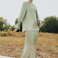 women top ruffle sleeves matcha green satin