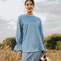 baju raya family sedondon adult woman satin top ruffles sleeves blouse pigeon blue satin