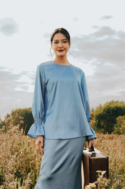 The Shawwal Collection Women Ruffle Sleeves Blouse Pigeon Blue Satin