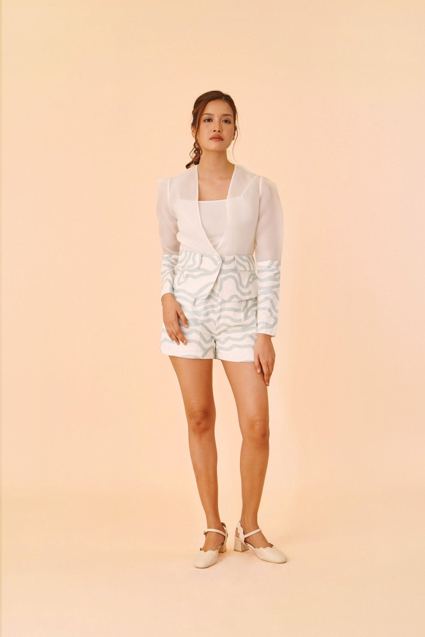 Sheer Top with Wave Print Shorts - Umbi