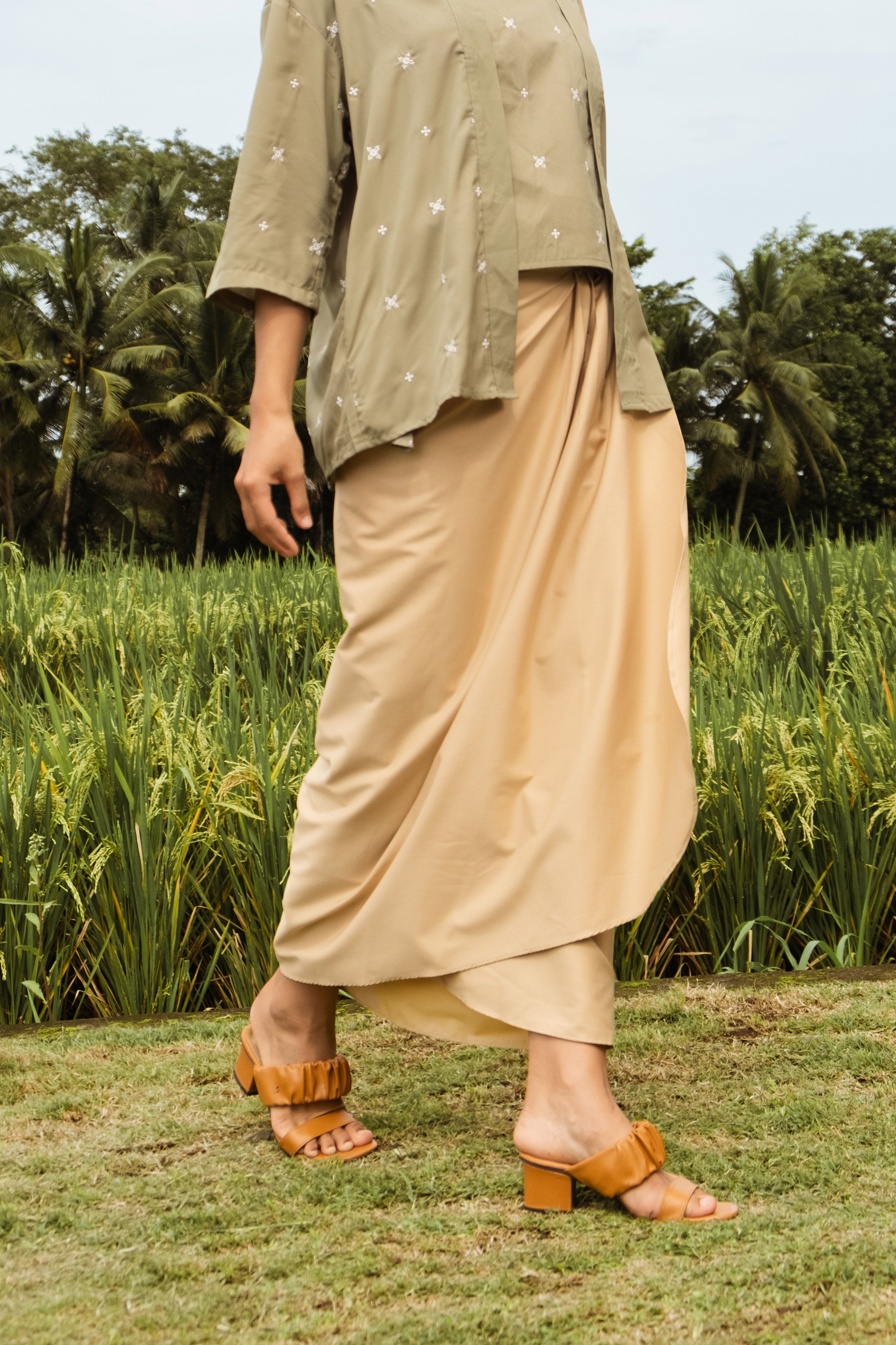 close shot of khaki instant wrap skirt