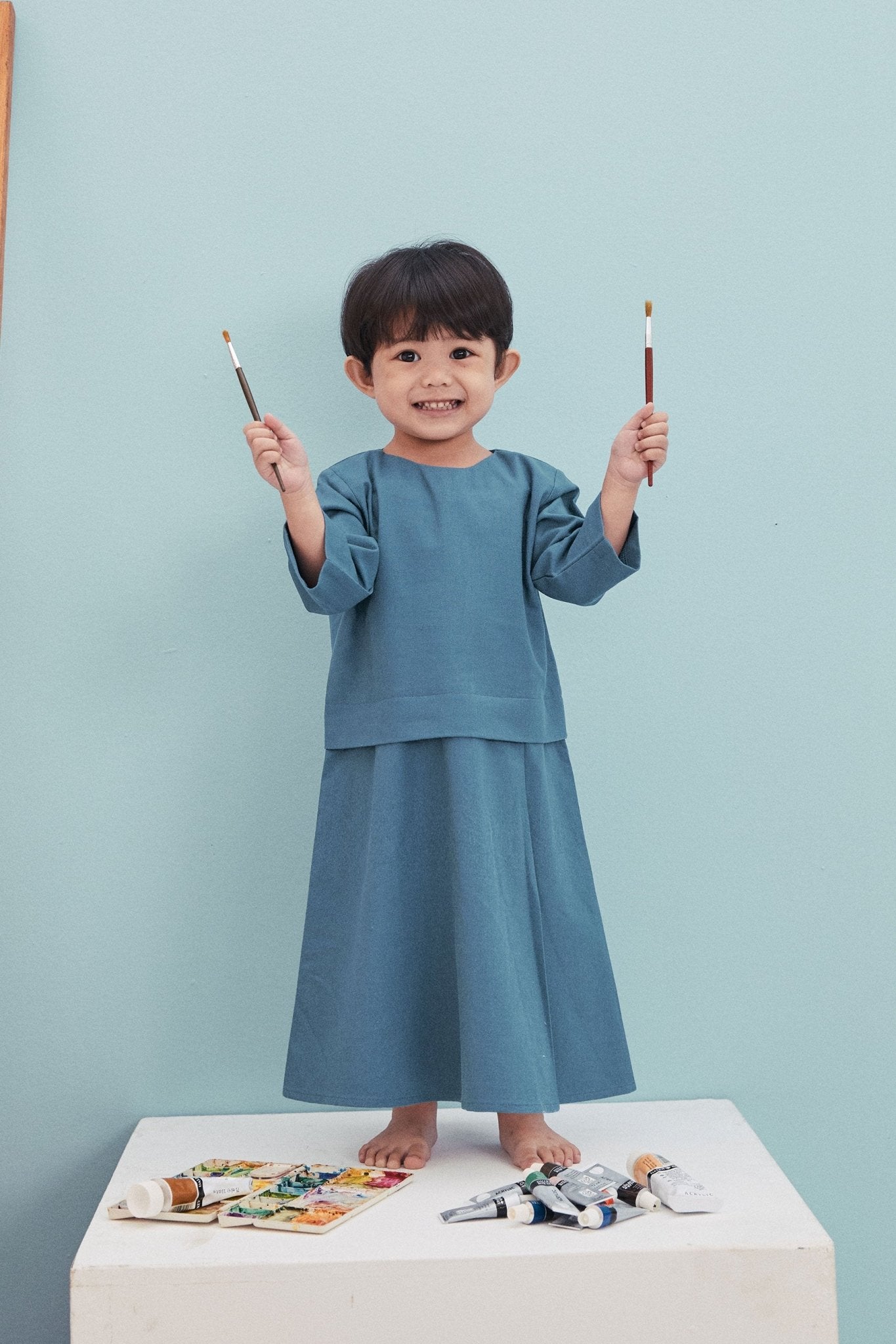 The Arte Baby Baju Kurung Dress Steel Blue - Umbi