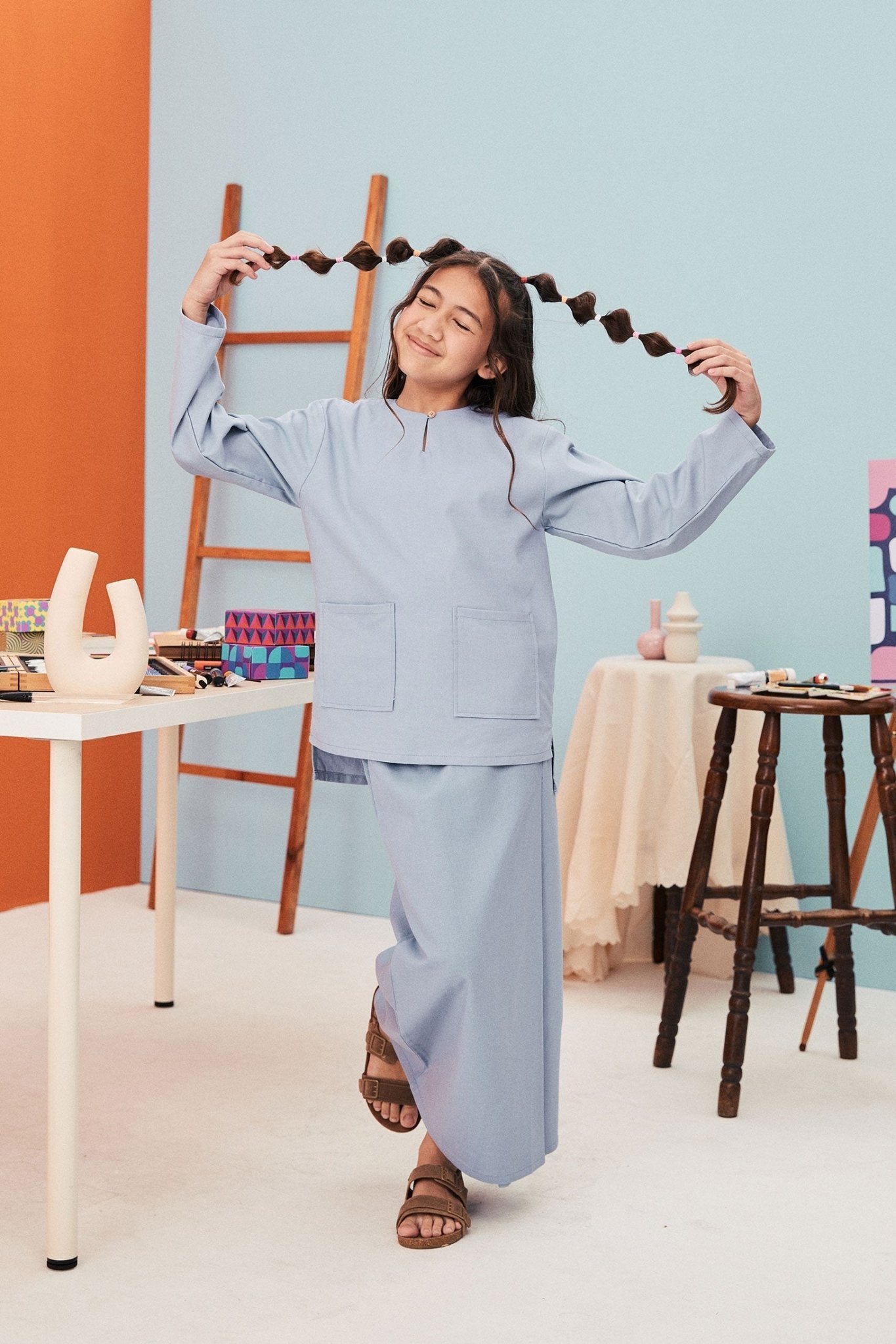The Arte Girl Baju Kurung Top Stone Blue - Umbi