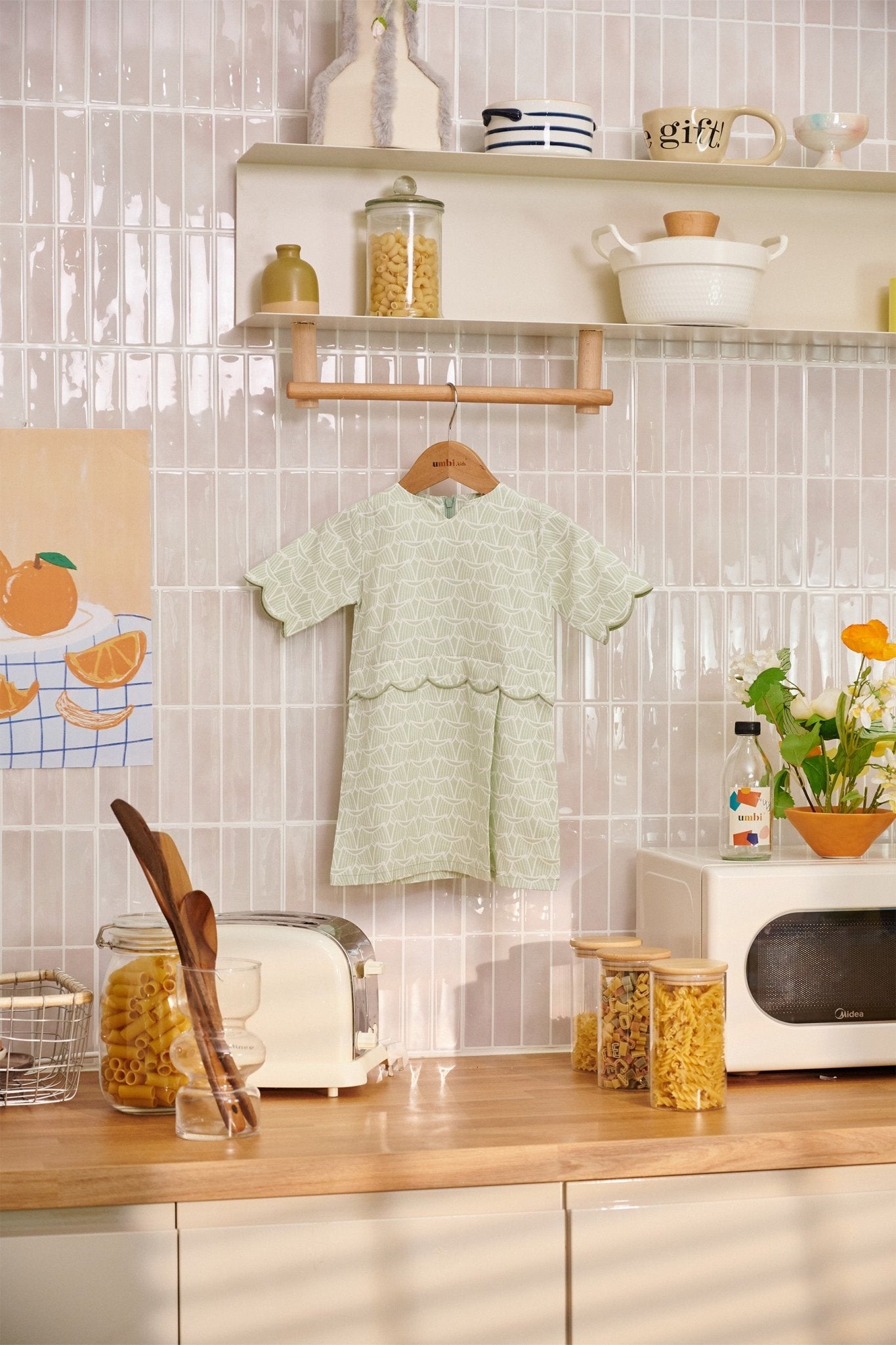 The Breakfast Club Baby Kurung Dress with Scallop Embroidery Pandan Print - Umbi