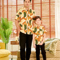 full shot of 5-6 years old boy and man wearing nasi lemak print (retro effect) short-sleeve collar shirt