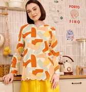 The Breakfast Club Women Kurung Top with Scallop Embroidery Marmalade Print - Umbi