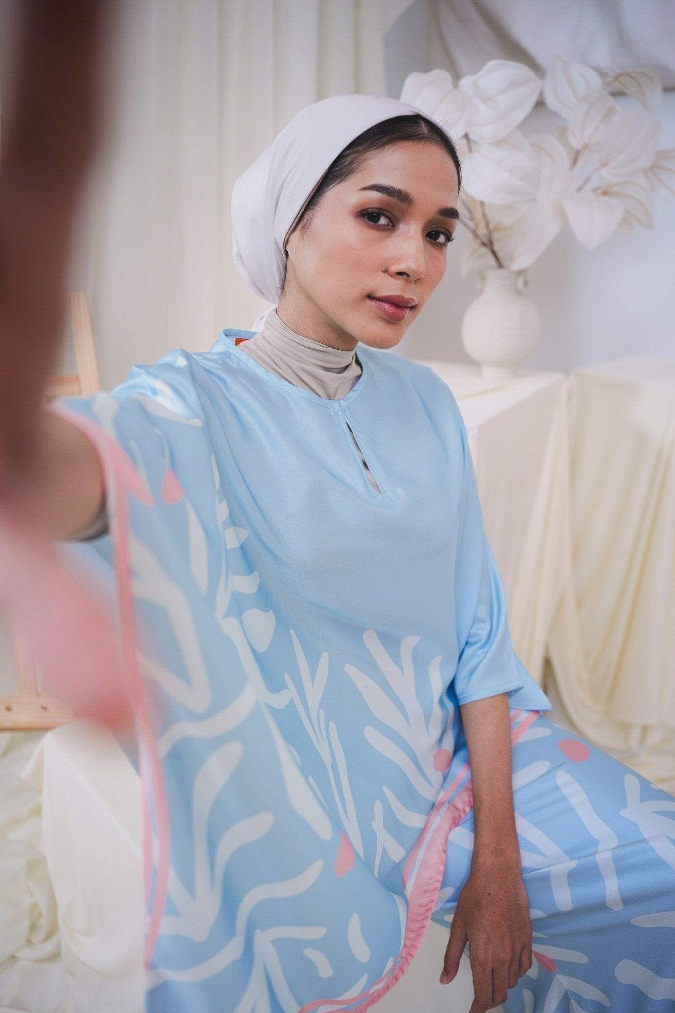 The Canvas Collection Women Saloma Kaftan Set Baby Blue Ivy Print - Umbi