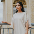 The City Breeze Pt.2 Women Asymmetrical Short Sleeves Satin Blouse Beige - Umbi