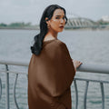 The City Breeze Pt.2 Women Asymmetrical Short Sleeves Satin Blouse Dark Chocolate - Umbi