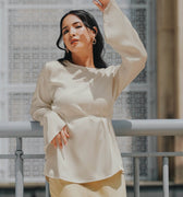 The City Breeze Pt.2 Women Long Sleeves Satin Blouse With Waist String Beige - Umbi