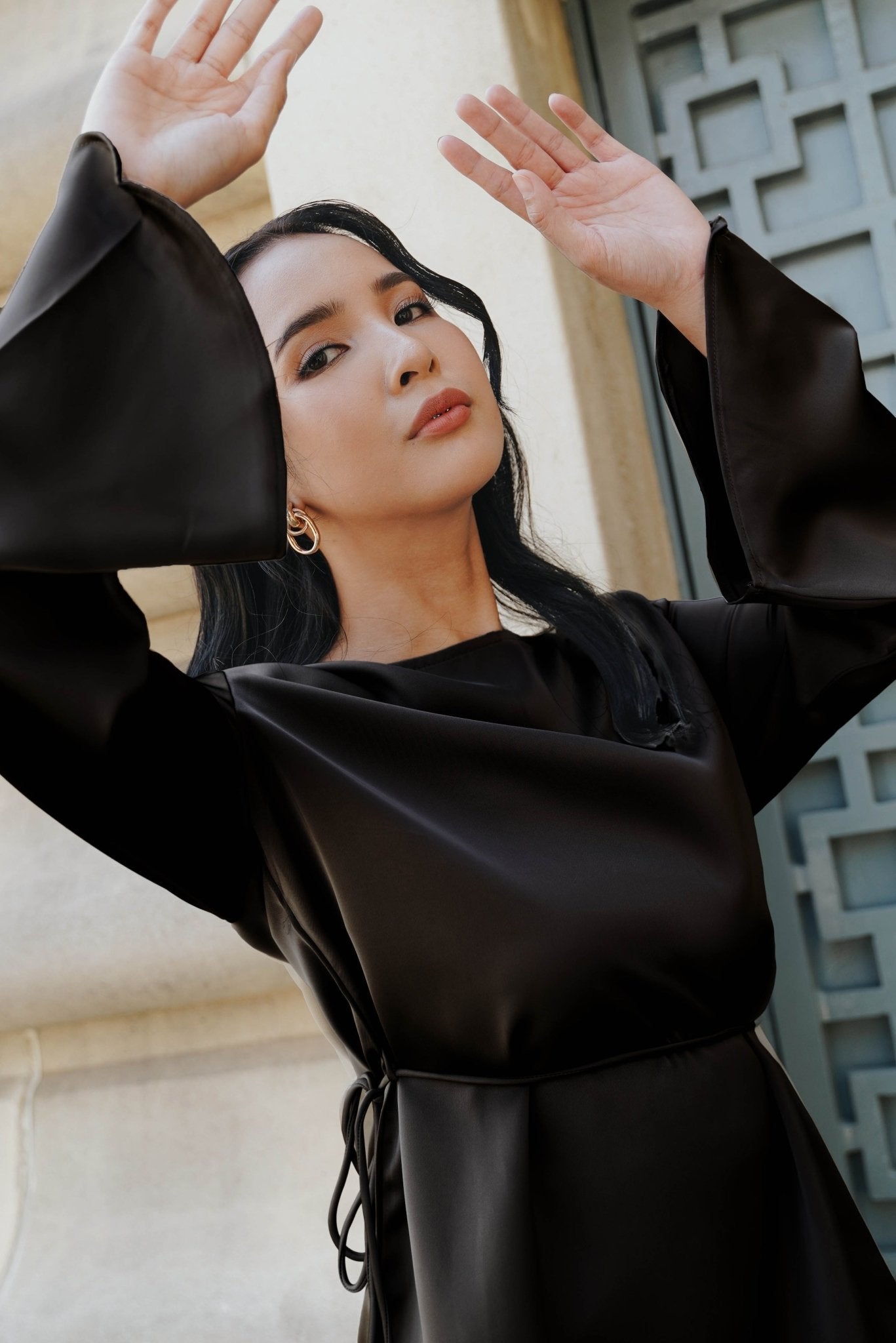 The City Breeze Pt.2 Women Long Sleeves Satin Blouse With Waist String Black - Umbi