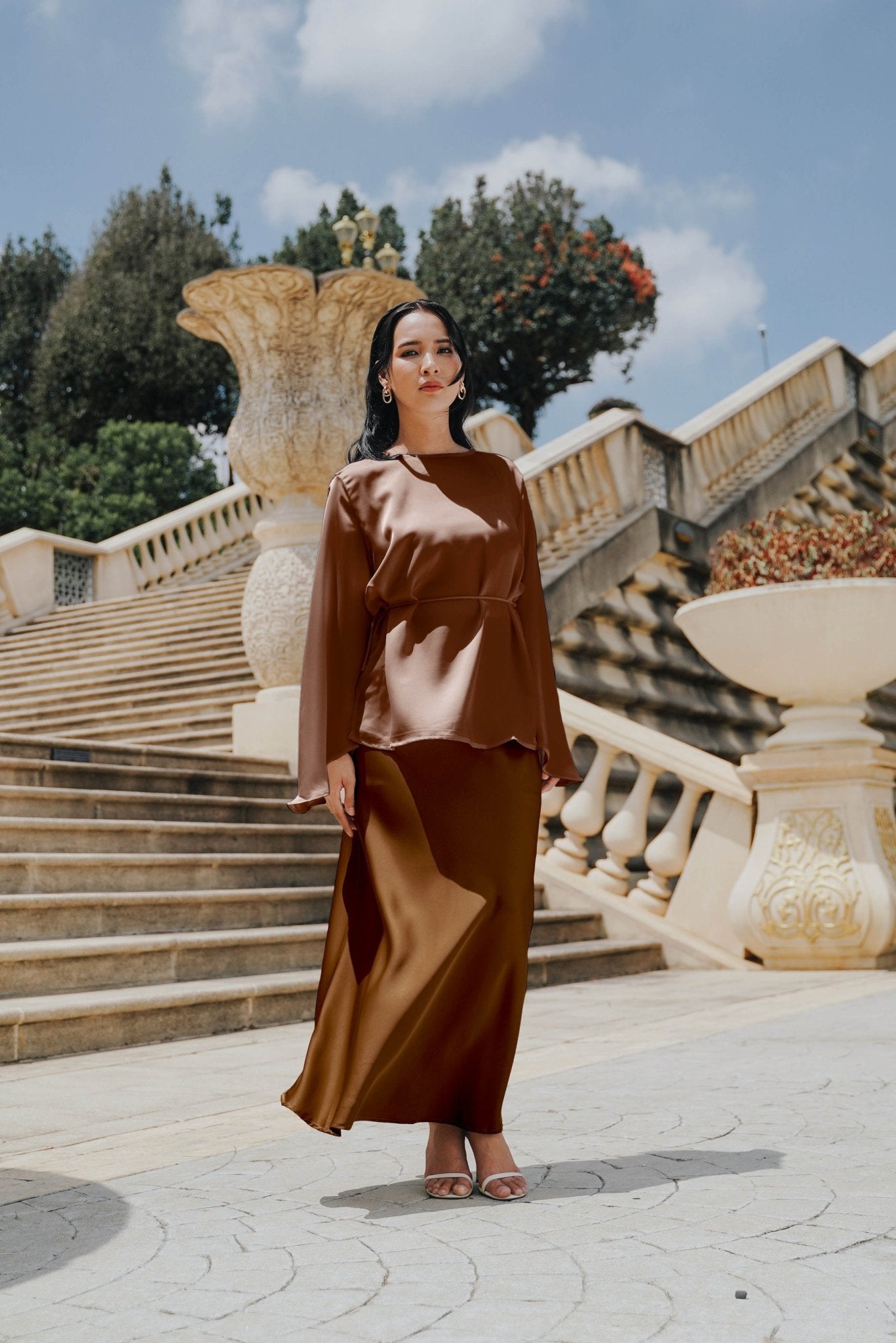 The City Breeze Pt.2 Women Long Sleeves Satin Blouse With Waist String Dark Chocolate - Umbi