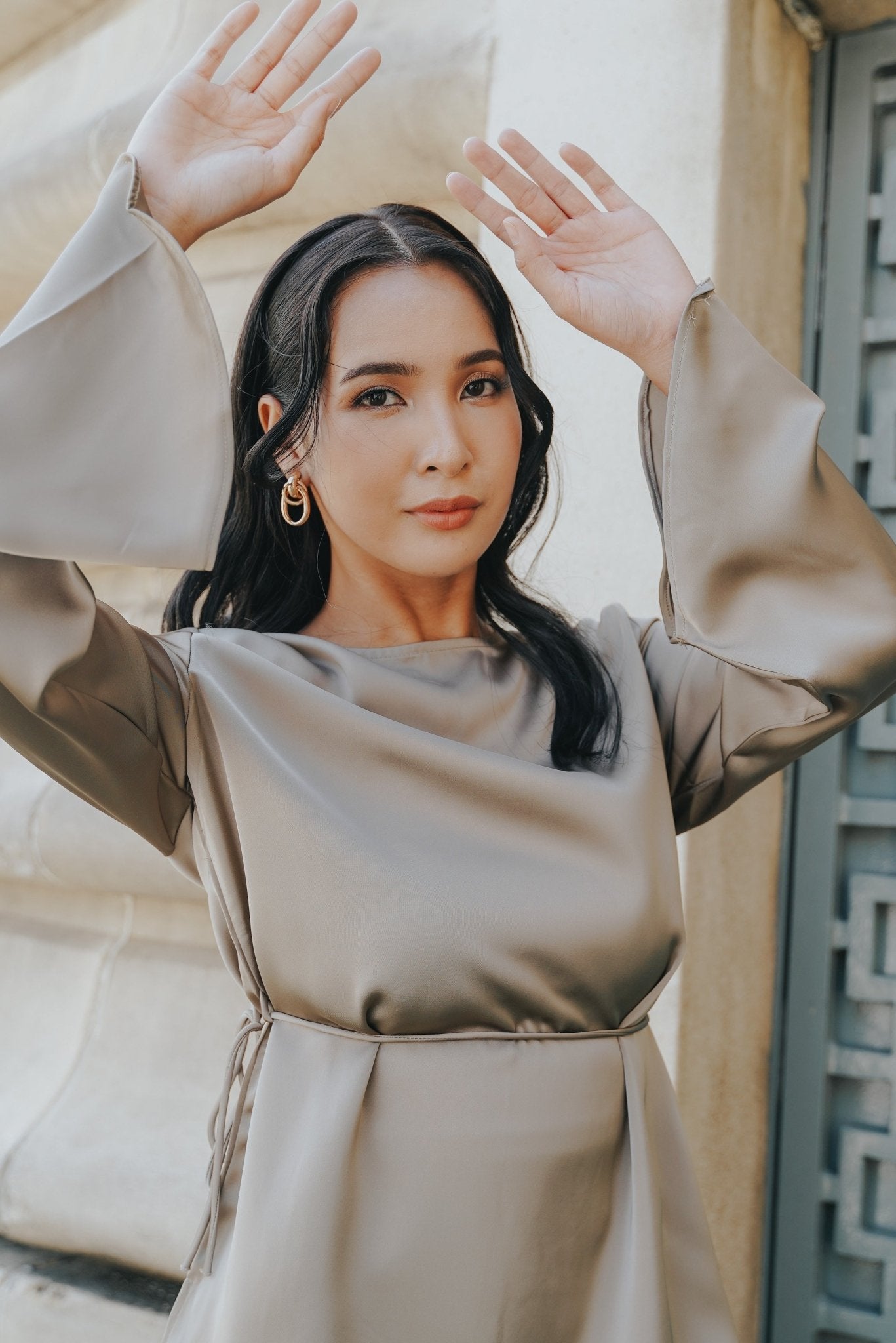 The City Breeze Pt.2 Women Long Sleeves Satin Blouse With Waist String Latte - Umbi
