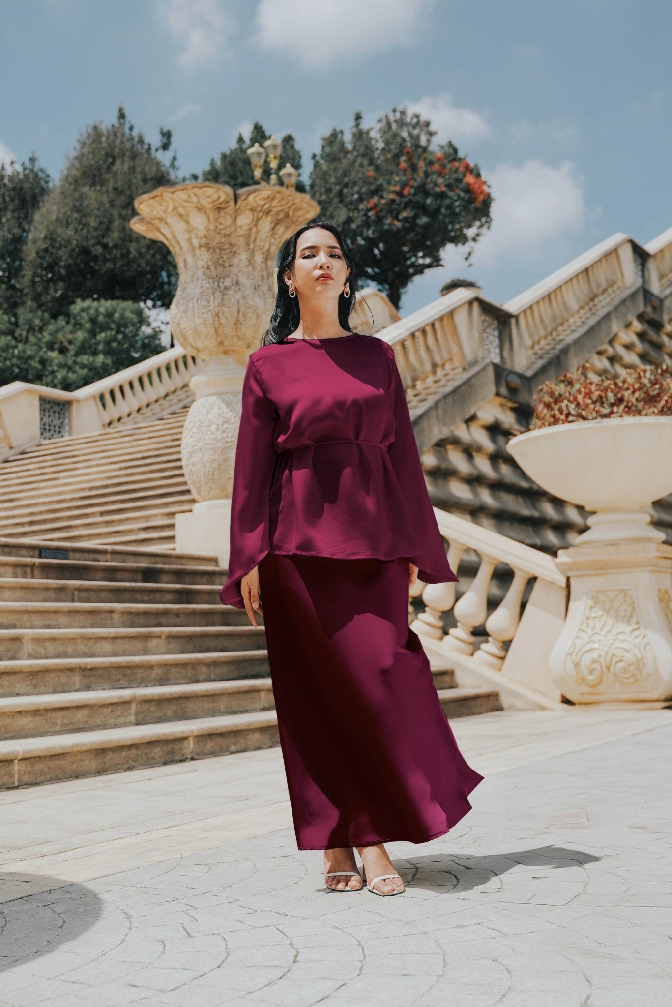 The City Breeze Pt.2 Women Long Sleeves Satin Blouse With Waist String Maroon - Umbi