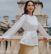 The City Breeze Pt.2 Women Long Sleeves Satin Blouse With Waist String White - Umbi