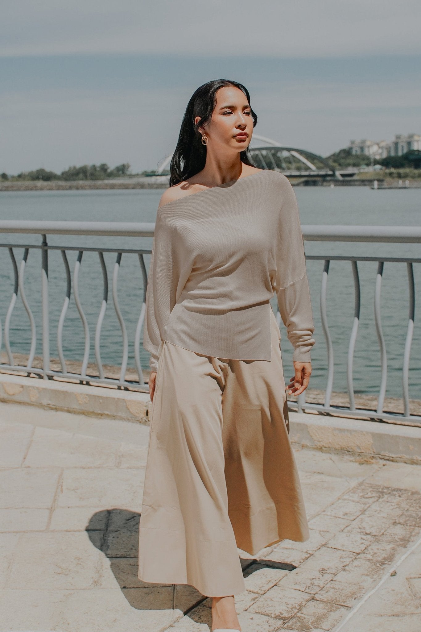 The City Breeze Pt.2 Women Off - Shoulder Knit Top Khaki - Umbi