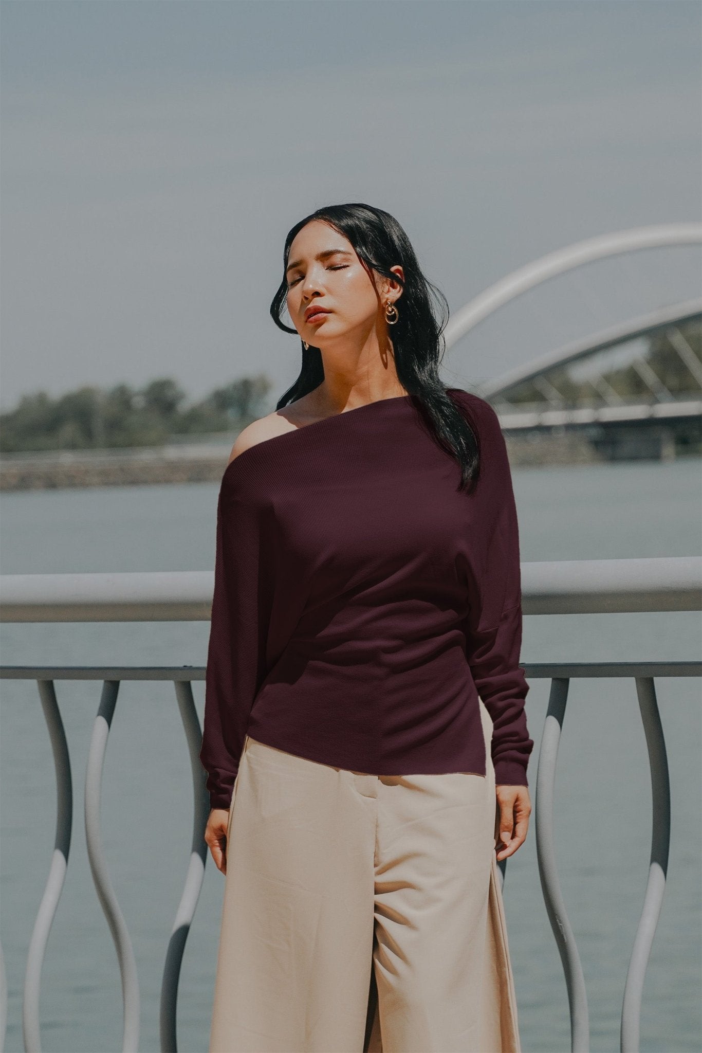 The City Breeze Pt.2 Women Off - Shoulder Knit Top Maroon - Umbi