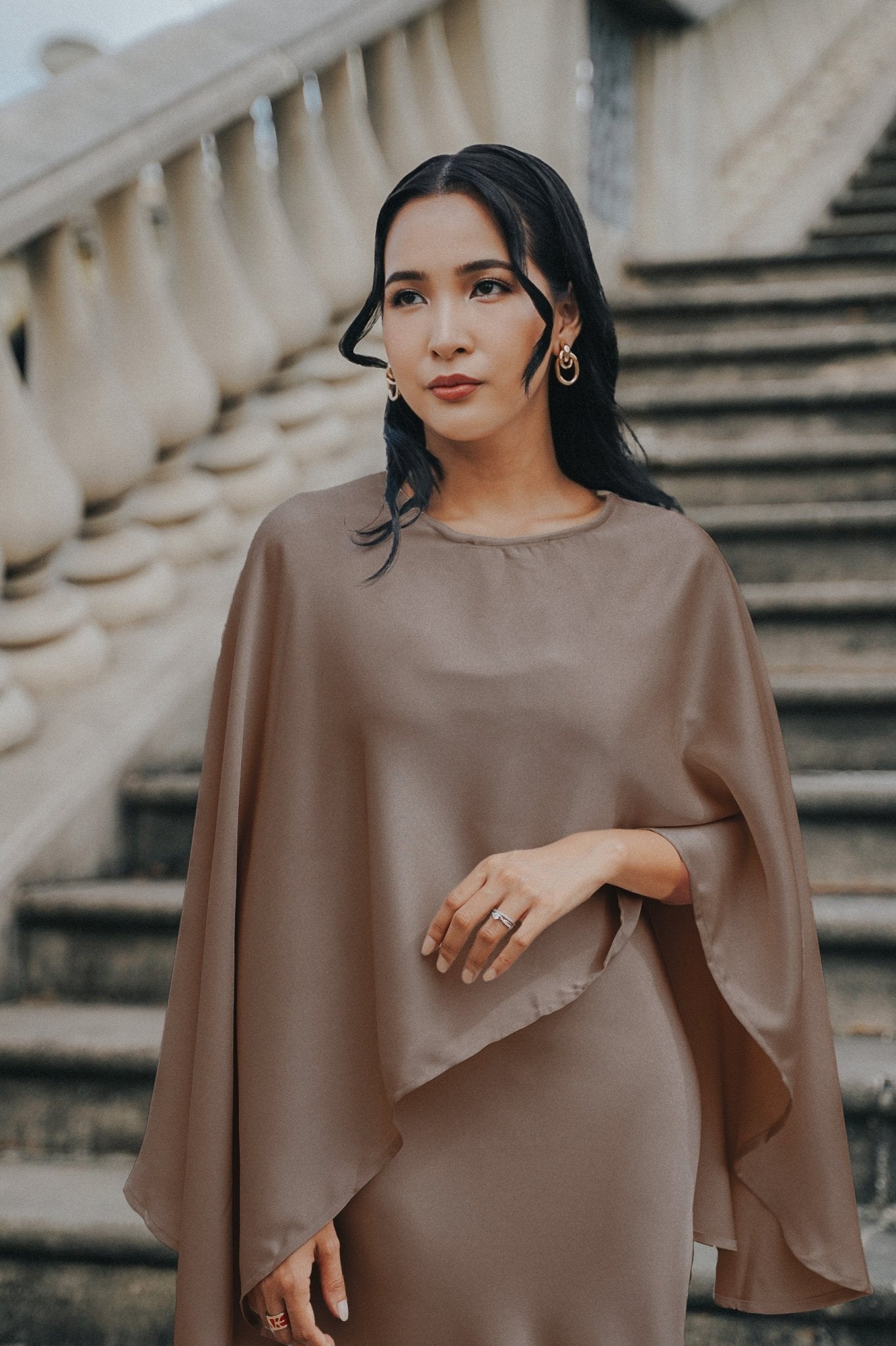 The City Breeze Pt.2 Women Satin Cape Dress Set Biege - Umbi