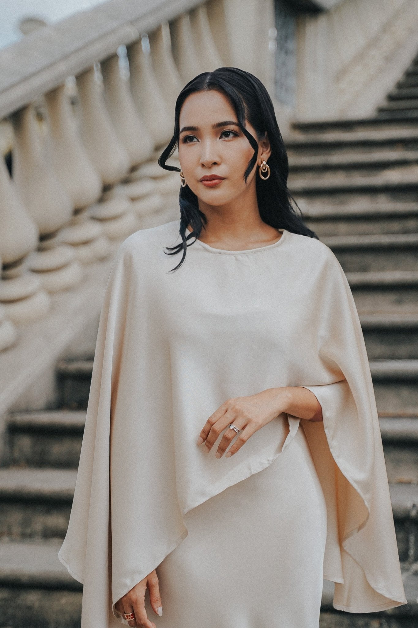 The City Breeze Pt.2 Women Satin Cape Dress Set Cream - Umbi