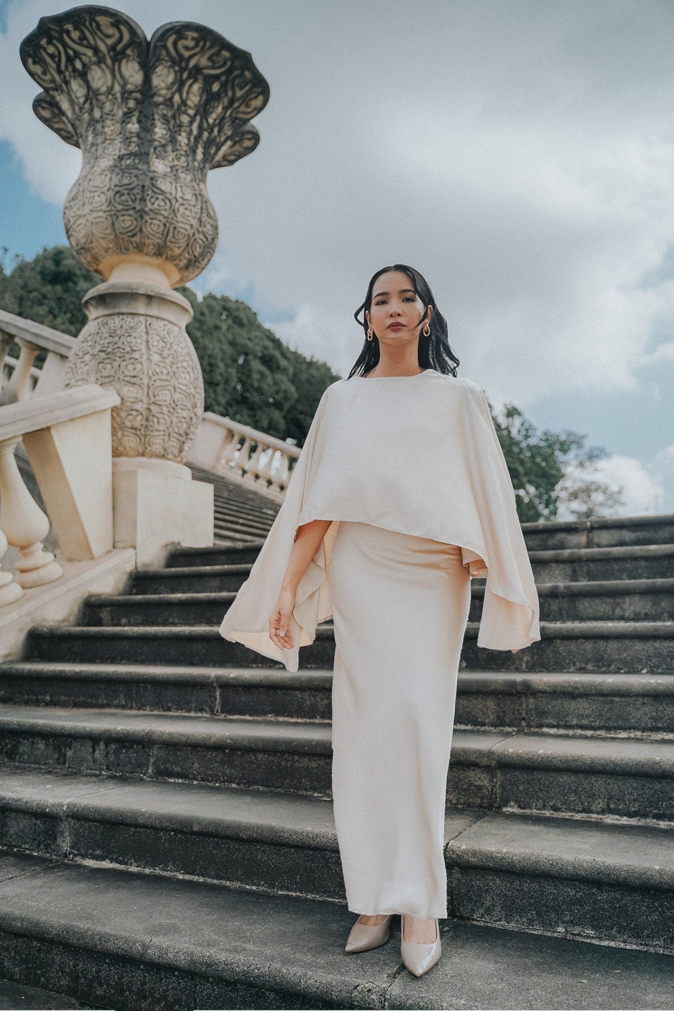 The City Breeze Pt.2 Women Satin Cape Dress Set Cream - Umbi