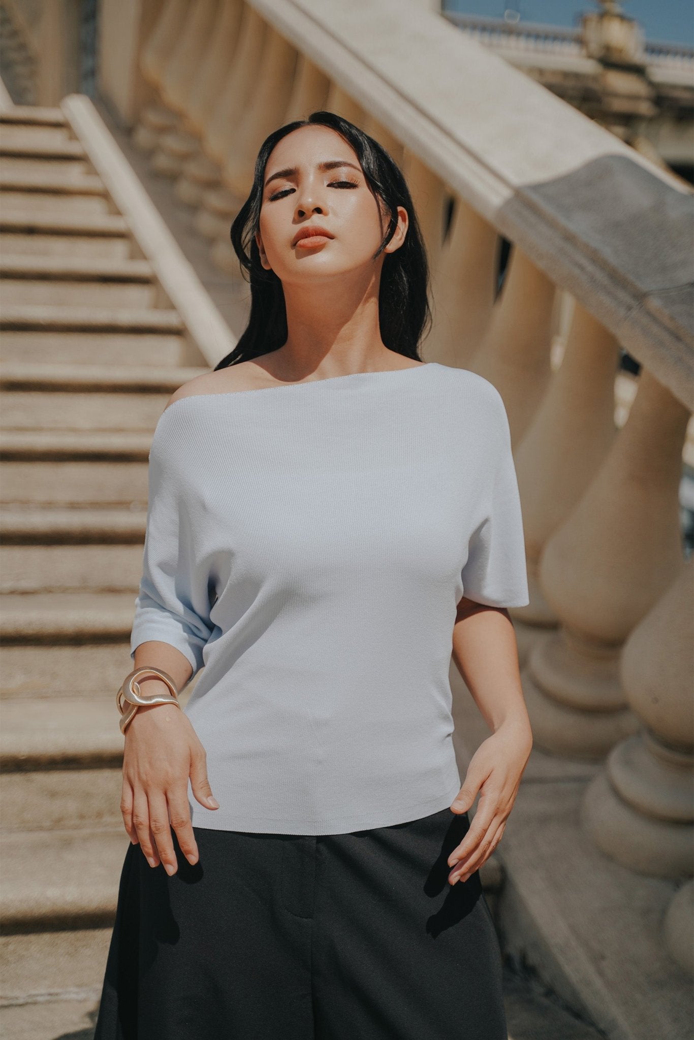 The City Breeze Pt.2 Women Wide Neck Knit Top Light Blue - Umbi