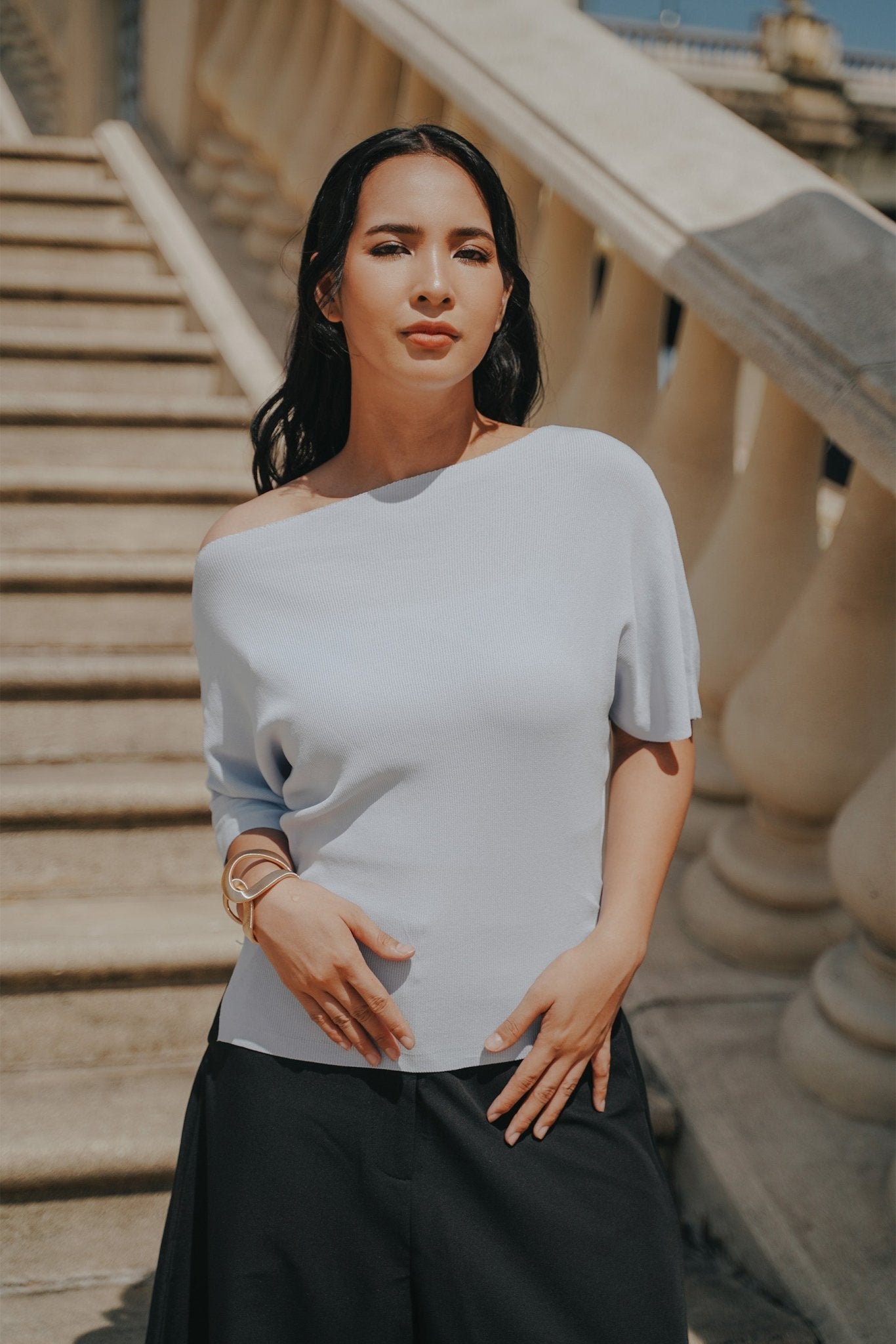 The City Breeze Pt.2 Women Wide Neck Knit Top Light Blue - Umbi