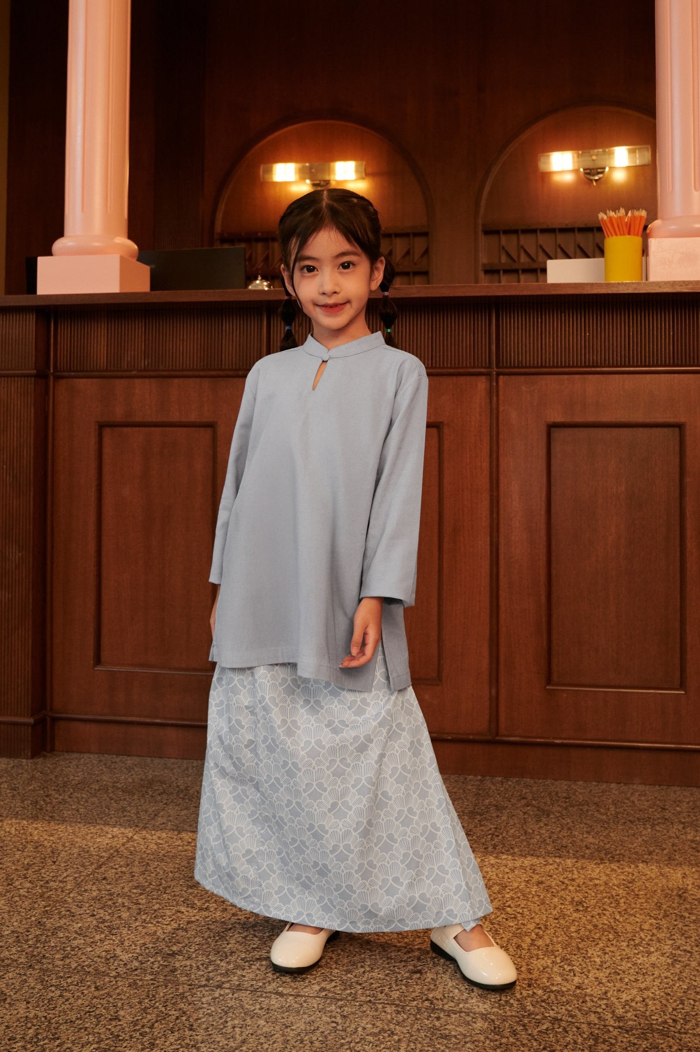 The Early Check-in Collection Girl Mandarin Collar Kurung Top in Periwinkle Blue