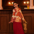 The Early Check - in Collection Girl Mandarin Collar Kurung Top in Cranberry Print - Umbi
