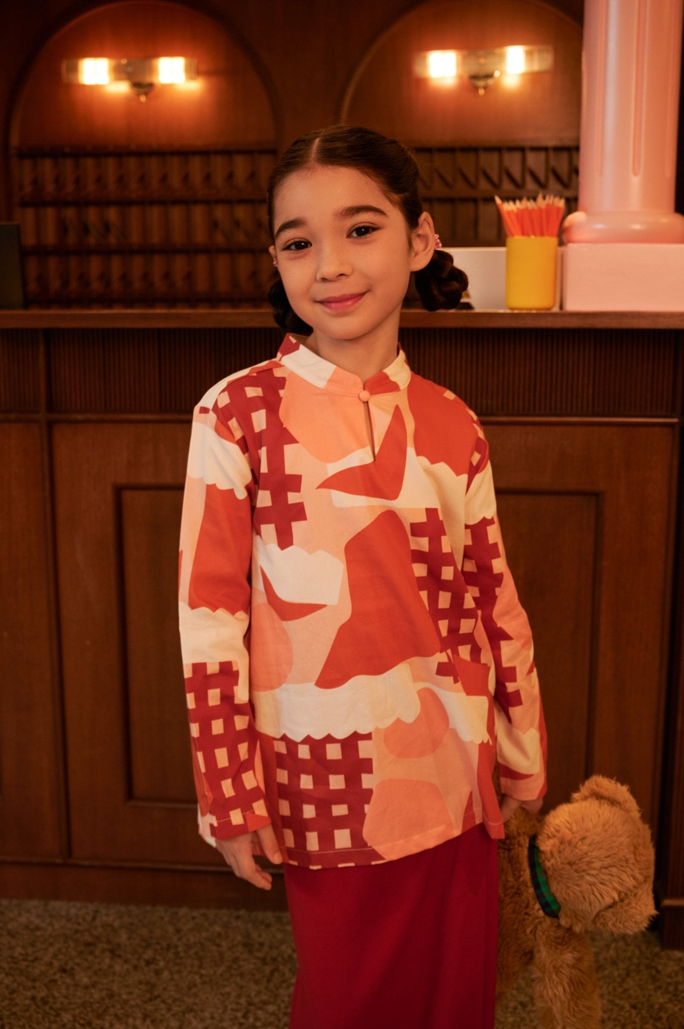 The Early Check - in Collection Girl Mandarin Collar Kurung Top in Cranberry Print - Umbi
