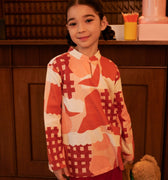 The Early Check - in Collection Girl Mandarin Collar Kurung Top in Cranberry Print - Umbi